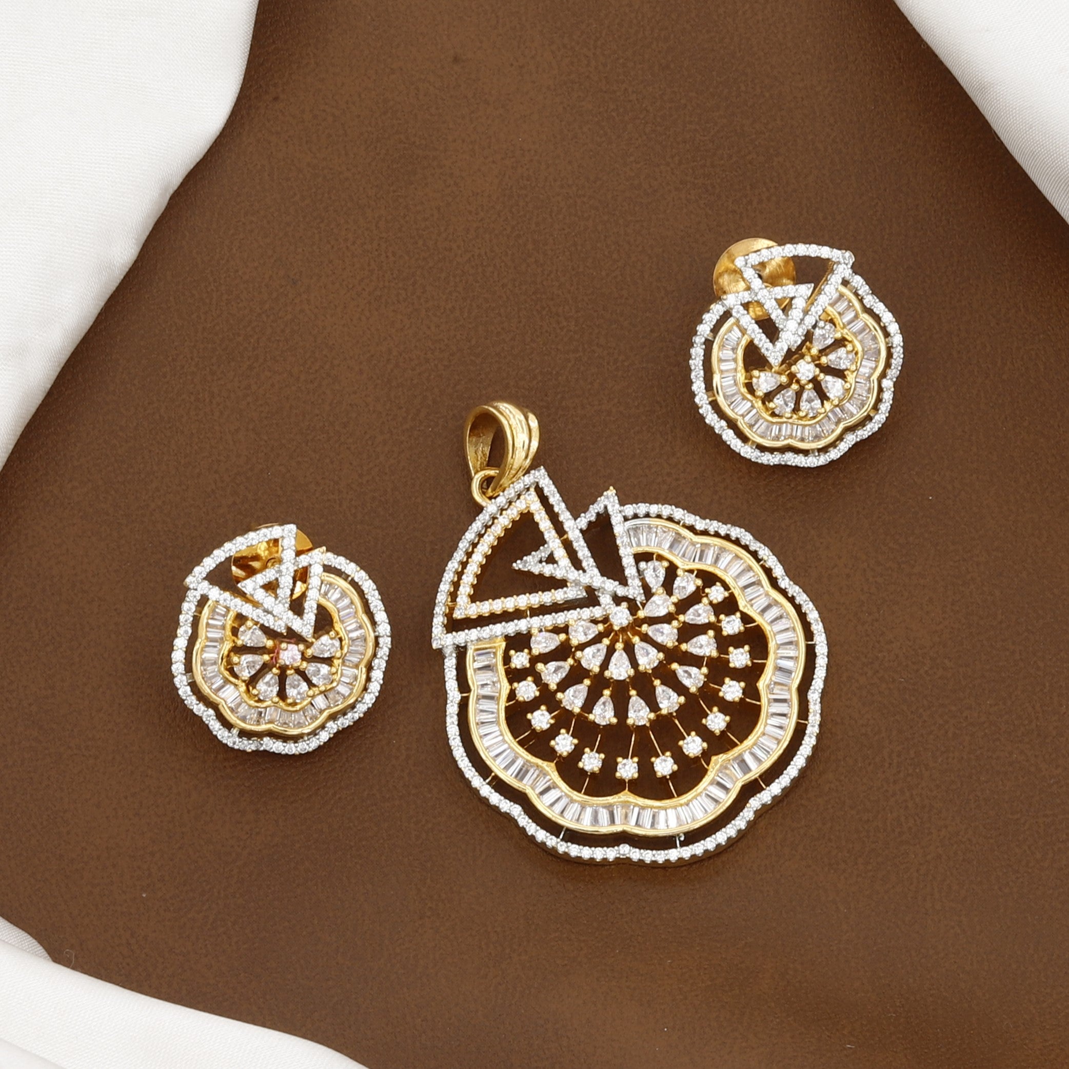 Contemporary Geometric Gold Pendant & Earring Set With Chain