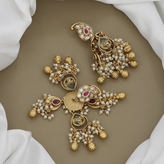 Peacock Design Multi-Layer Pearl Long Necklace & Earring Set