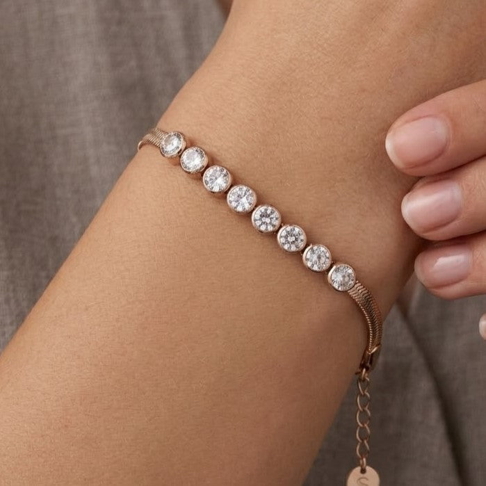 Rose Gold Tone Stainless Steel Crystal Station Bracelet