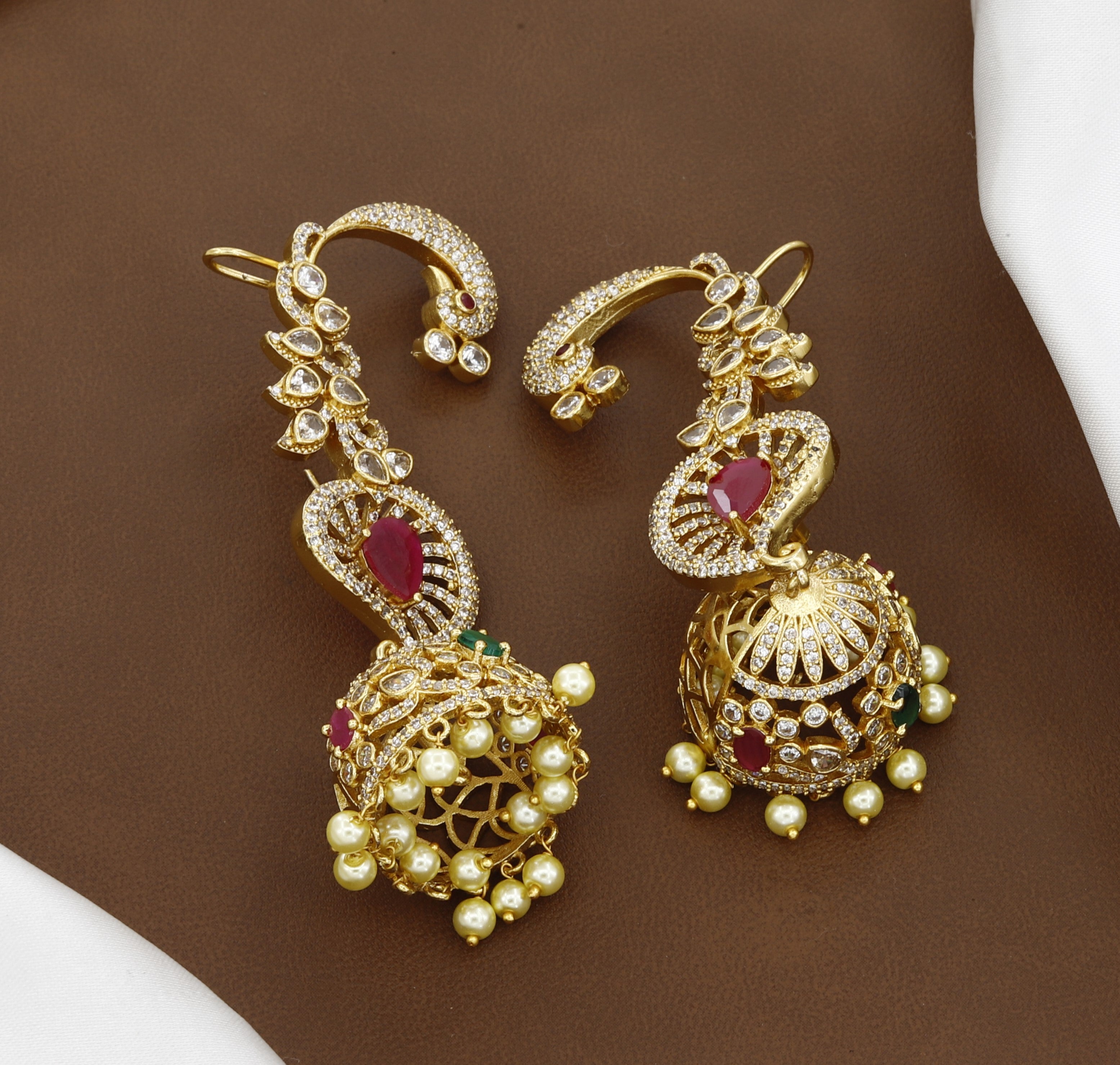 Gold-Plated Royal Ruby & Pearl Jhumka Ear Cuffs