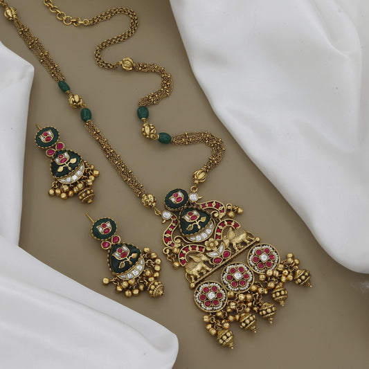 Antique Finish Long Necklace Set with Elephant Motifs & Green Stones