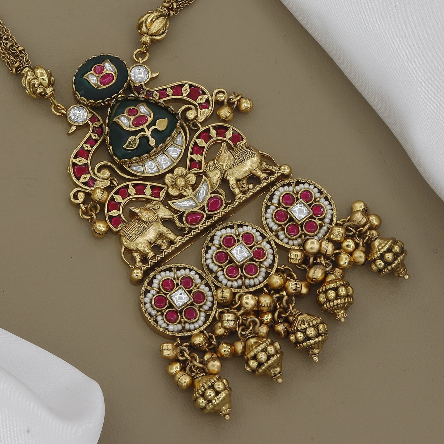 Antique Finish Long Necklace Set with Elephant Motifs & Green Stones