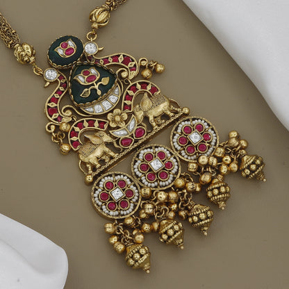 Antique Finish Long Necklace Set with Elephant Motifs & Green Stones