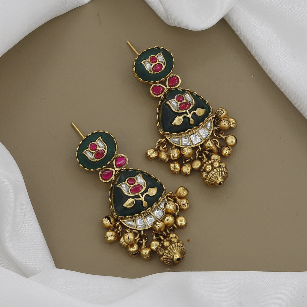 Antique Finish Long Necklace Set with Elephant Motifs & Green Stones