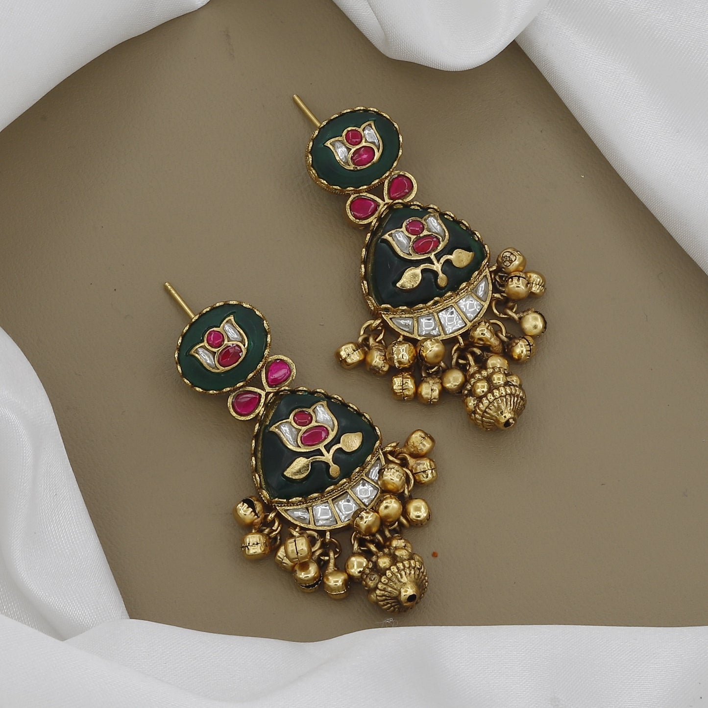 Antique Finish Long Necklace Set with Elephant Motifs & Green Stones