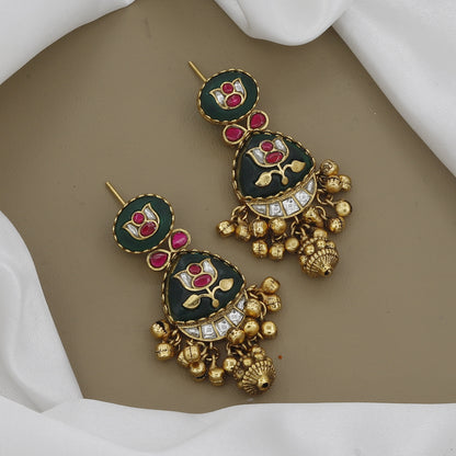 Antique Finish Long Necklace Set with Elephant Motifs & Green Stones