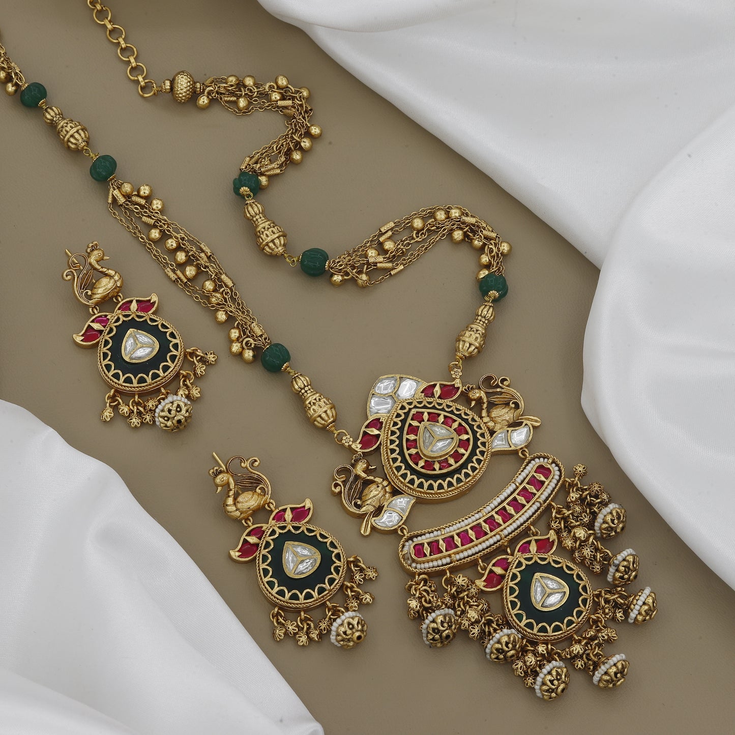 Traditional Peacock Kundan Long Necklace Set with Green Beads