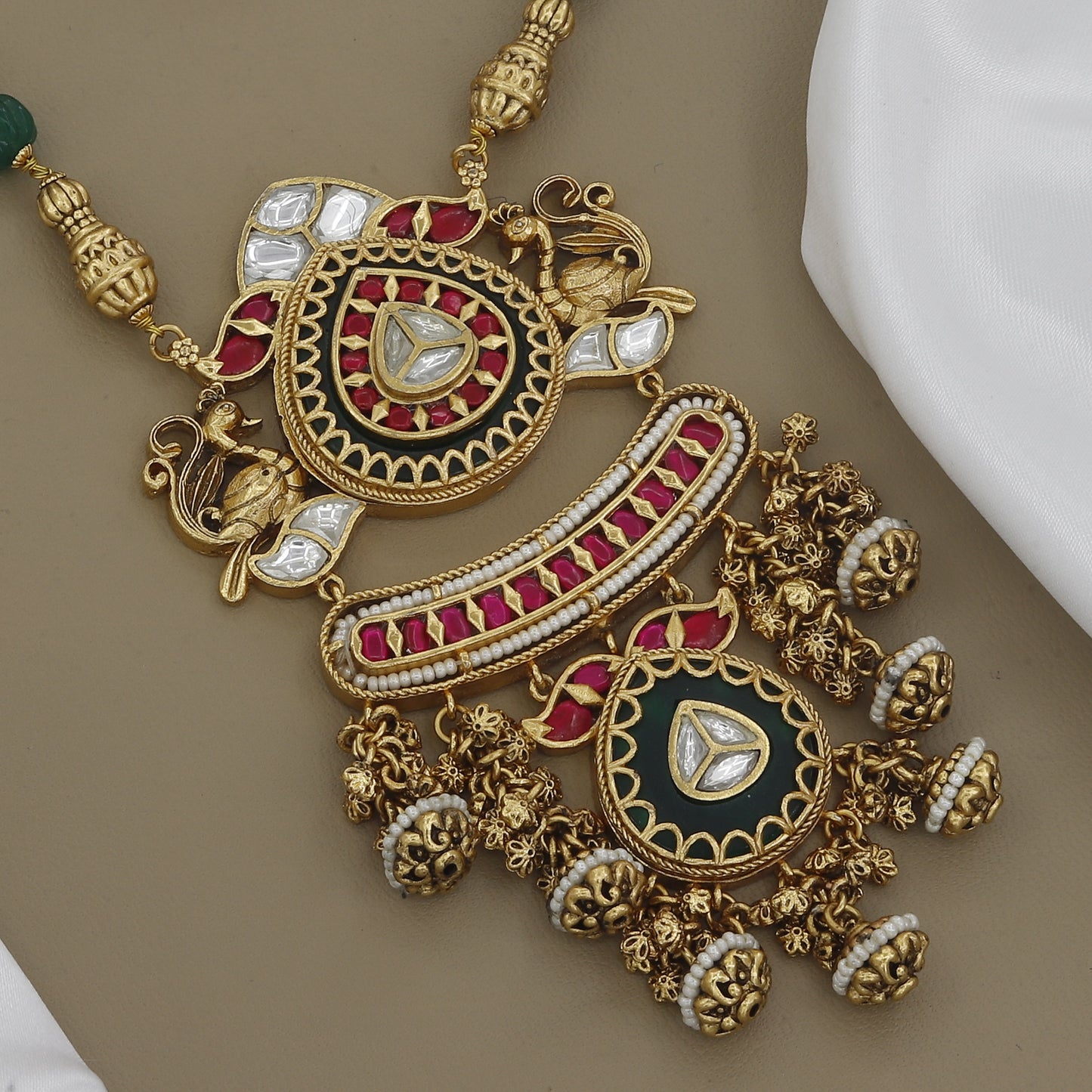 Traditional Peacock Kundan Long Necklace Set with Green Beads