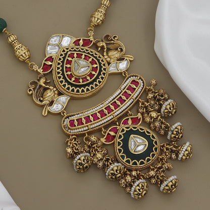 Traditional Peacock Kundan Long Necklace Set with Green Beads