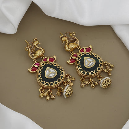 Traditional Peacock Kundan Long Necklace Set with Green Beads