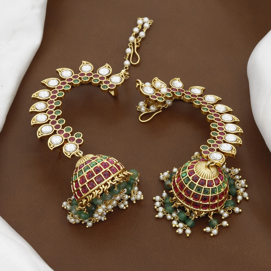 Traditional Ruby & Emerald Kundan Jhumka Ear Cuffs
