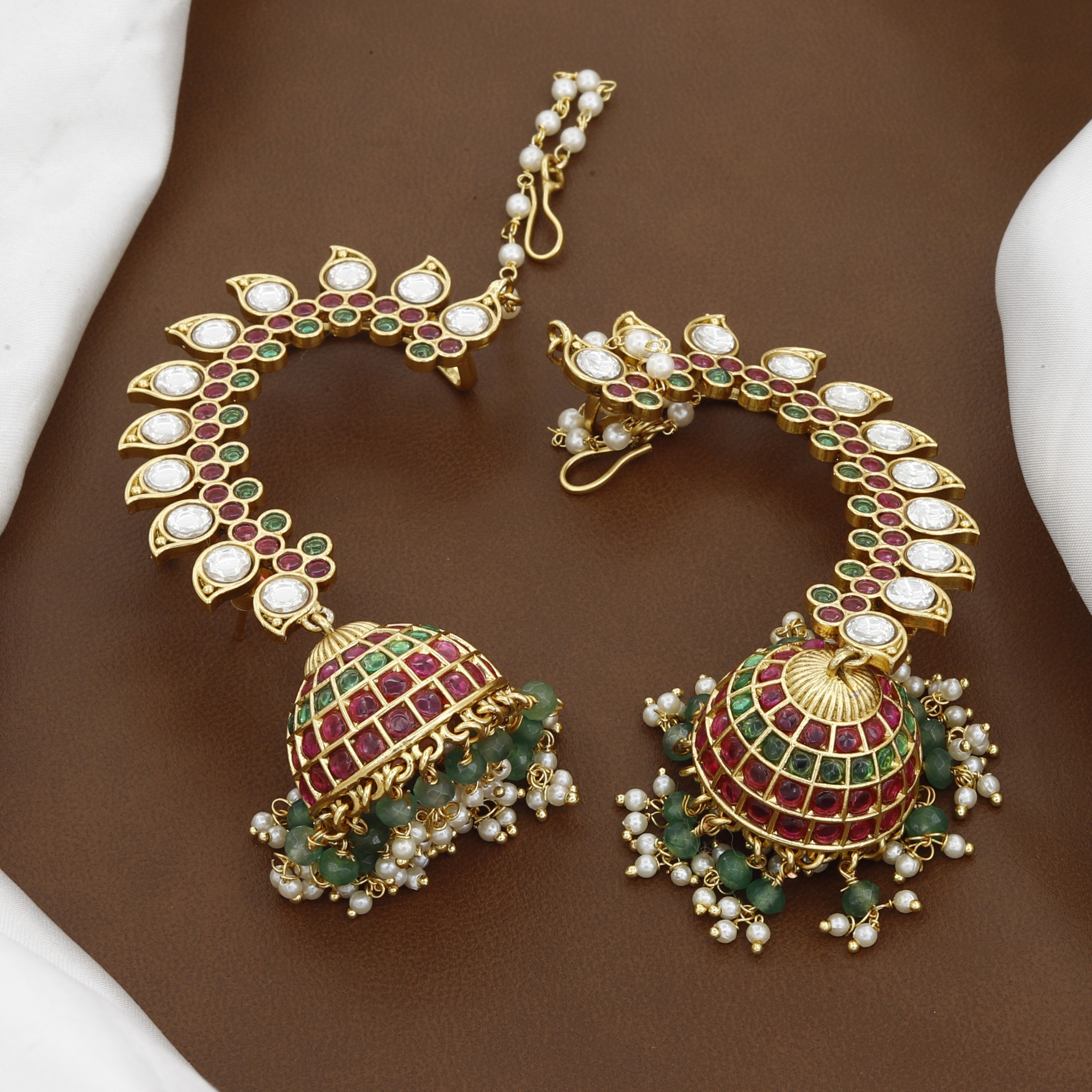 Traditional Ruby & Emerald Kundan Jhumka Ear Cuffs
