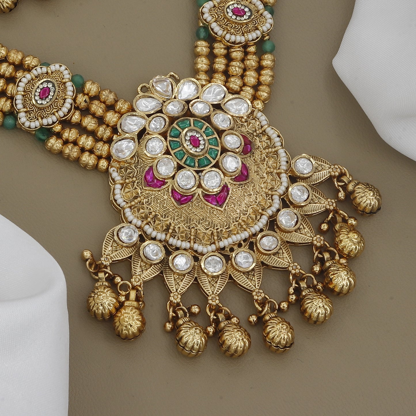 Kundan-Style Matte Necklace Set with Pearl and Ruby Accents