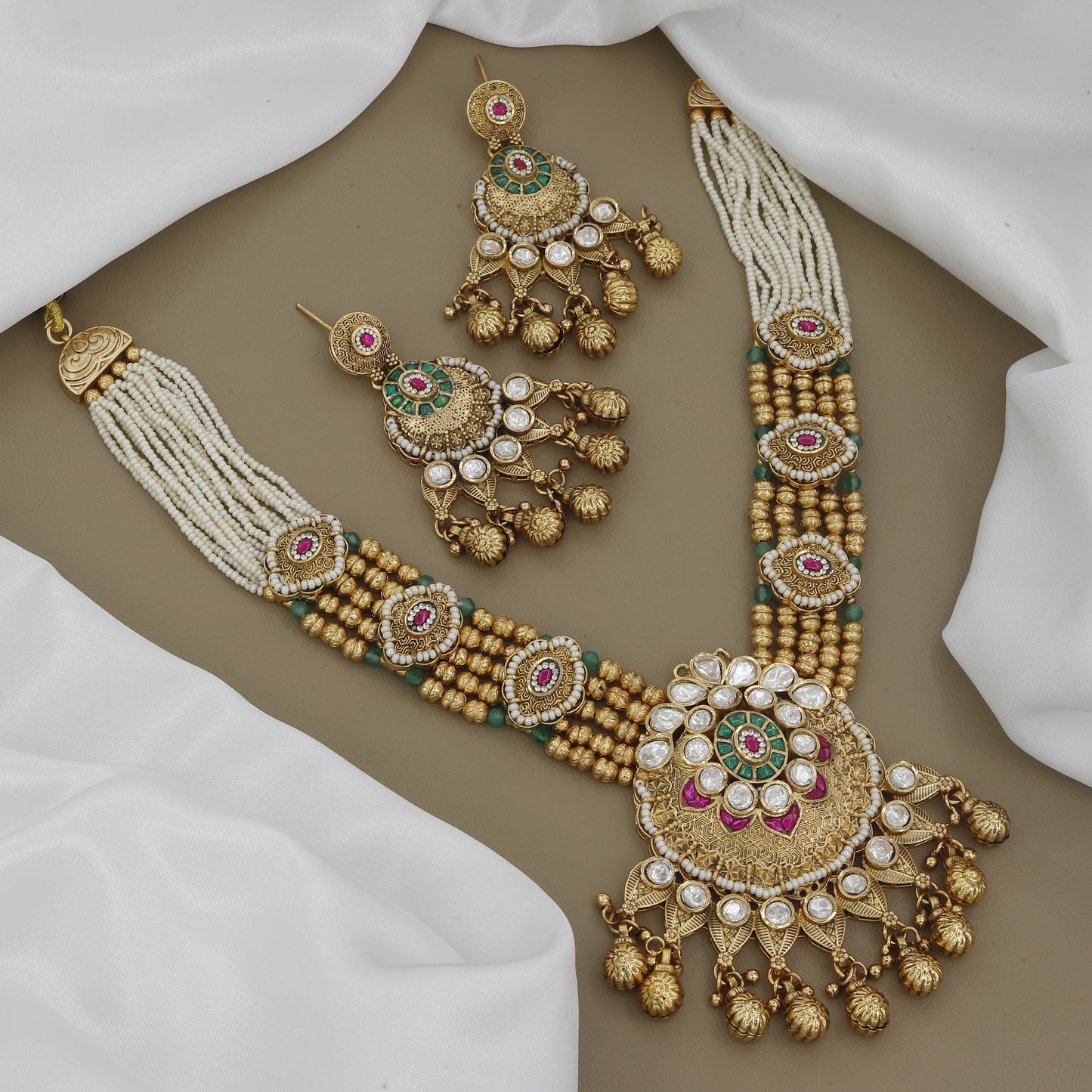 Kundan-Style Matte Necklace Set with Pearl and Ruby Accents