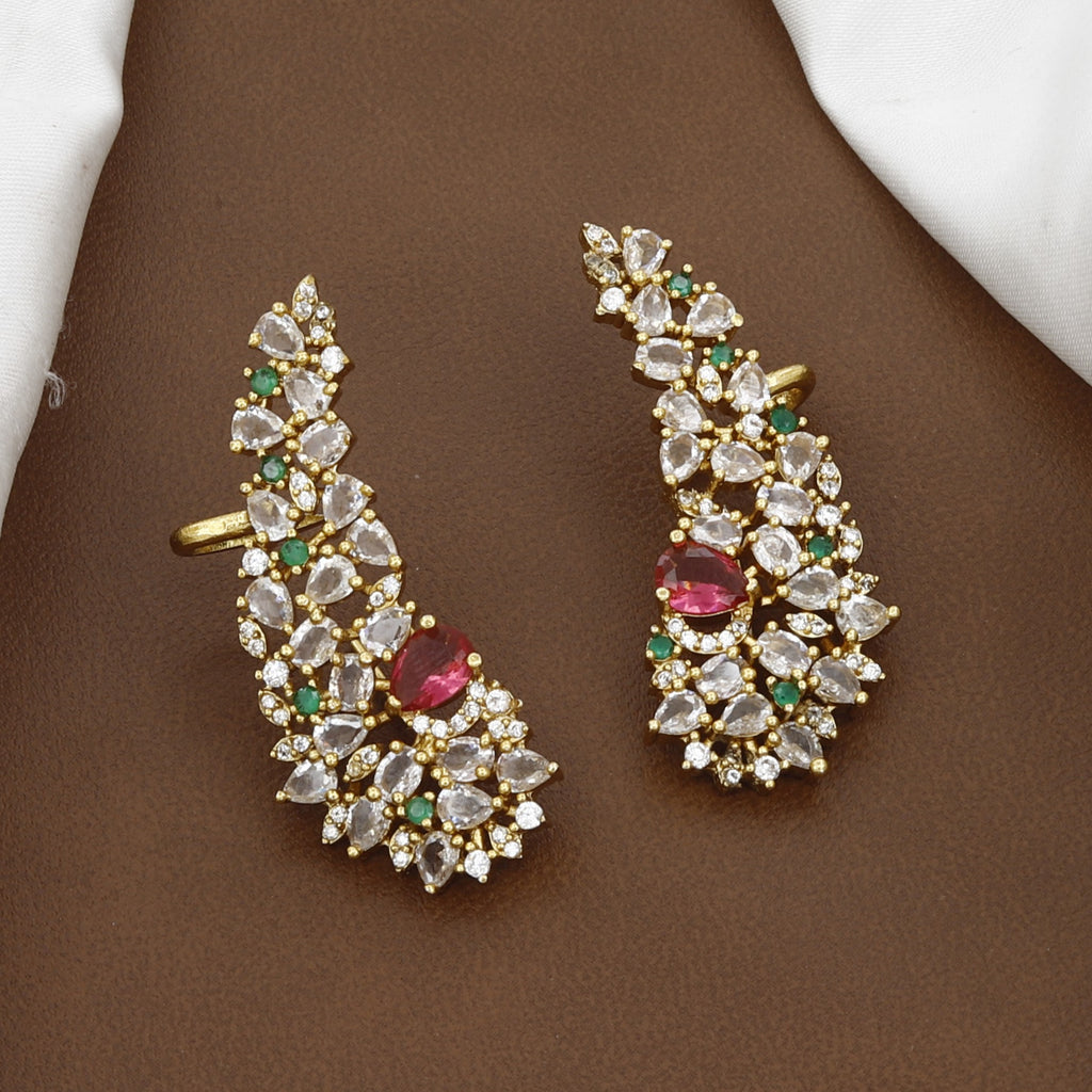 Gold Plated AD Ear Cuffs with Ruby & Emerald Stones