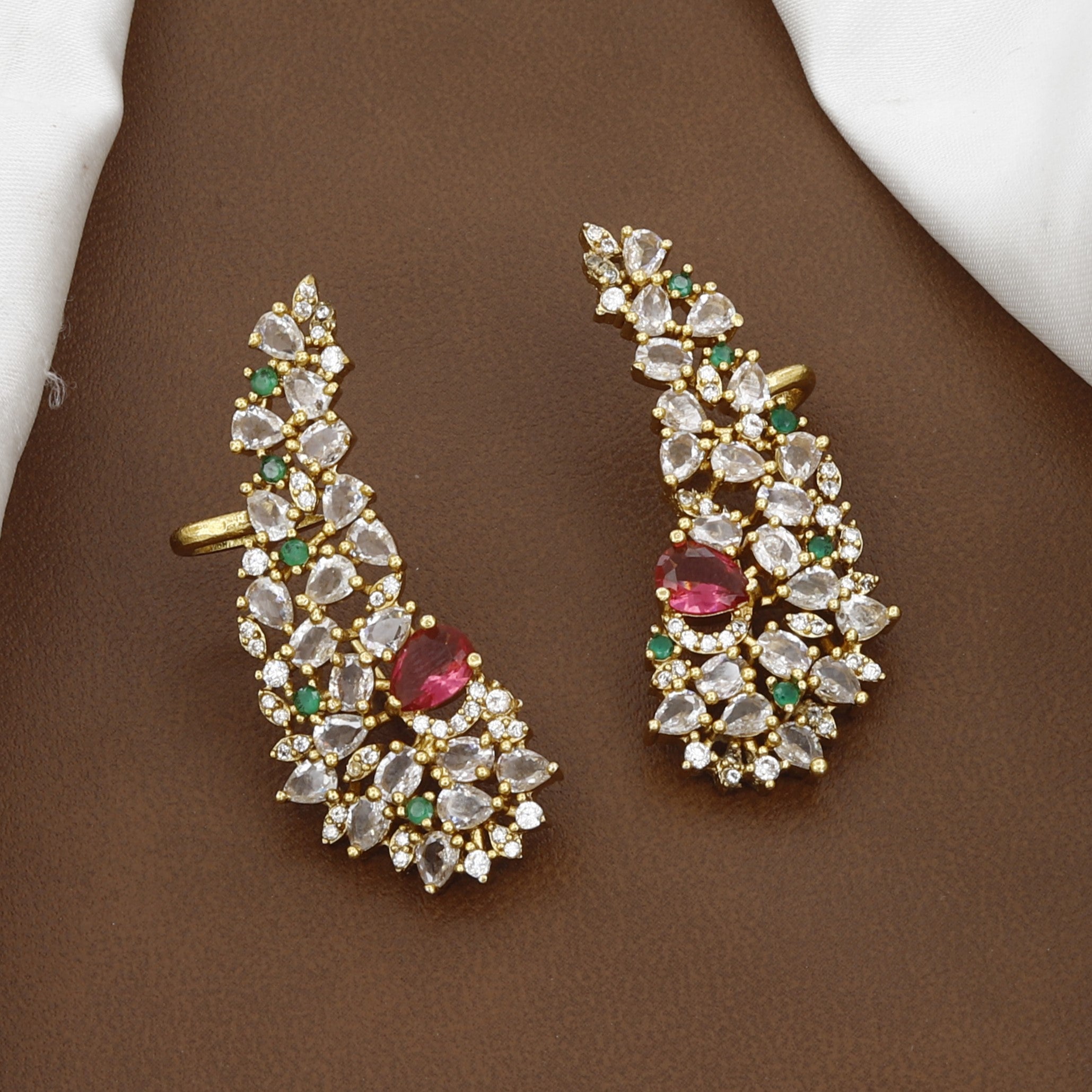 Gold Plated AD Ear Cuffs with Ruby & Emerald Stones