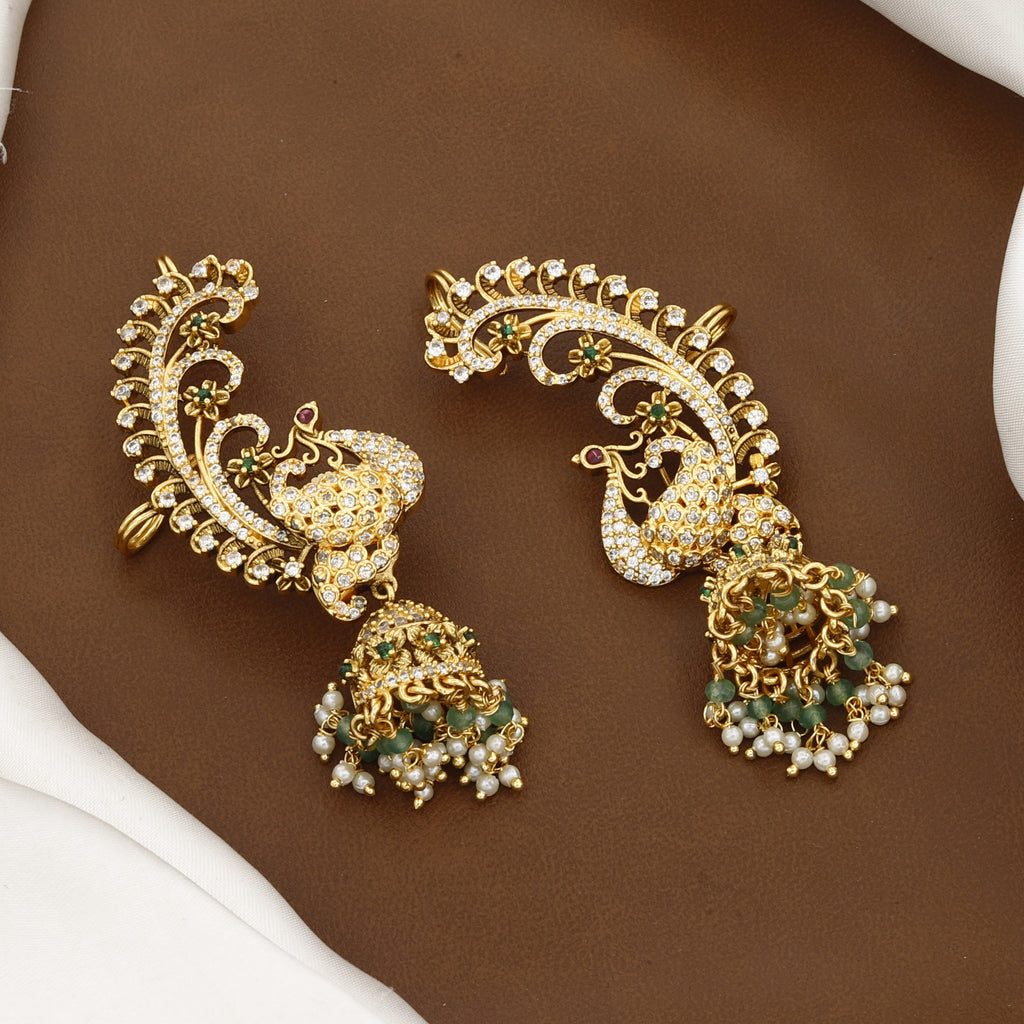 Majestic Peacock Jhumka Ear Cuffs with Emerald & Pearl Accents
