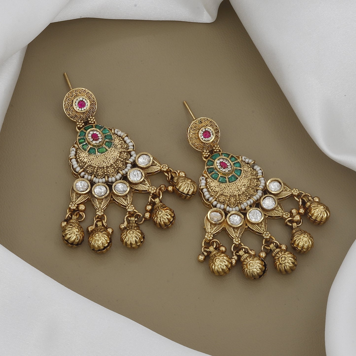 Kundan-Style Matte Necklace Set with Pearl and Ruby Accents