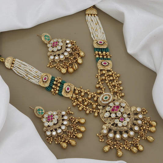 Elegant Multi-Strand Seed Pearl & Antique Gold Necklace Set