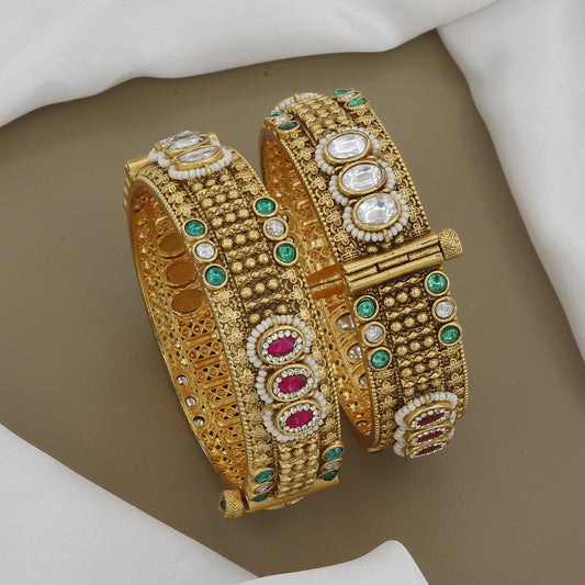 Premium Antique Finish Hinged Patla Set with Multi-Stone Embellishment