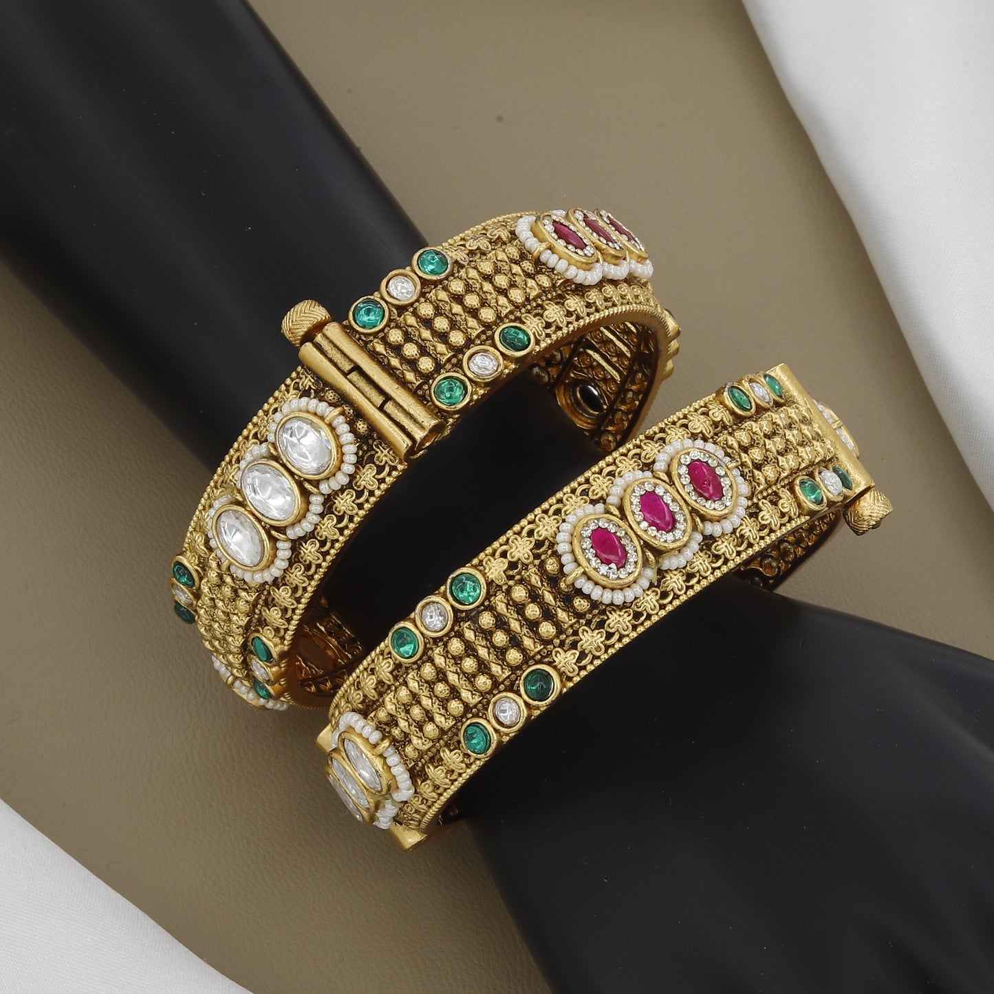 Premium Antique Finish Hinged Patla Set with Multi-Stone Embellishment