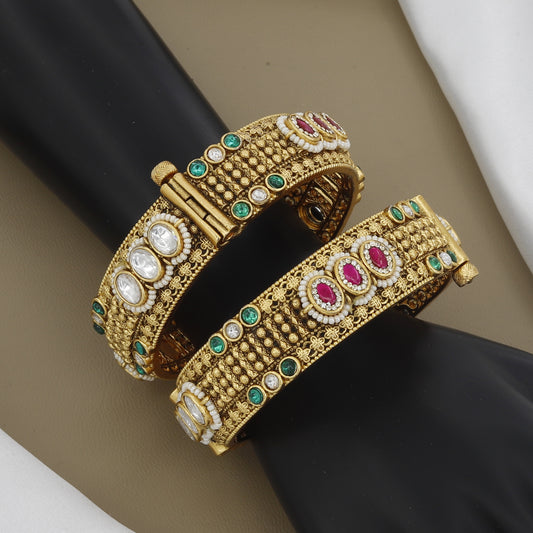 Premium Antique Finish Hinged Patla Set with Multi-Stone Embellishment