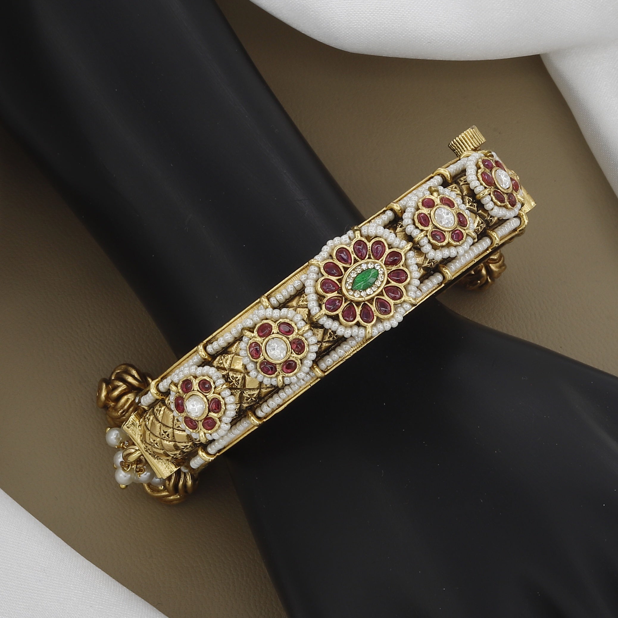 Traditional Kada Bangle with Ruby, Polki & Jhumka Drop Accents