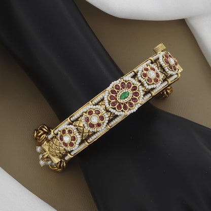 Traditional Kada Bangle with Ruby, Polki & Jhumka Drop Accents