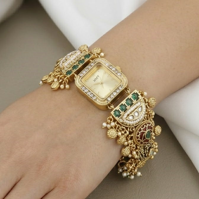 Traditional HMT Style Gold Plated Watch Bracelet with Kemp Stones