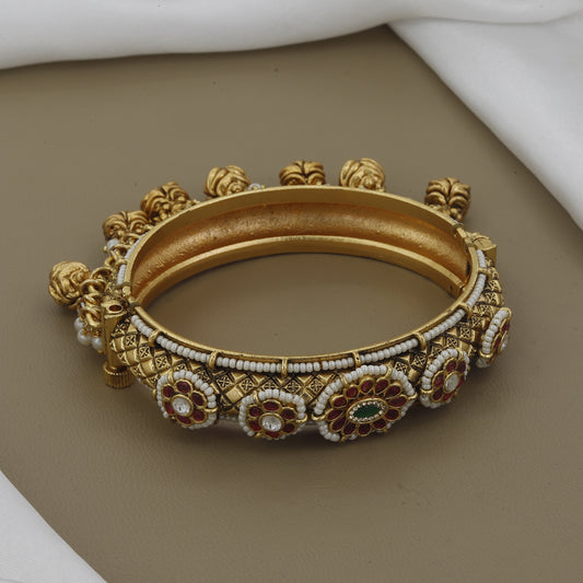 Traditional Kada Bangle with Ruby, Polki & Jhumka Drop Accents