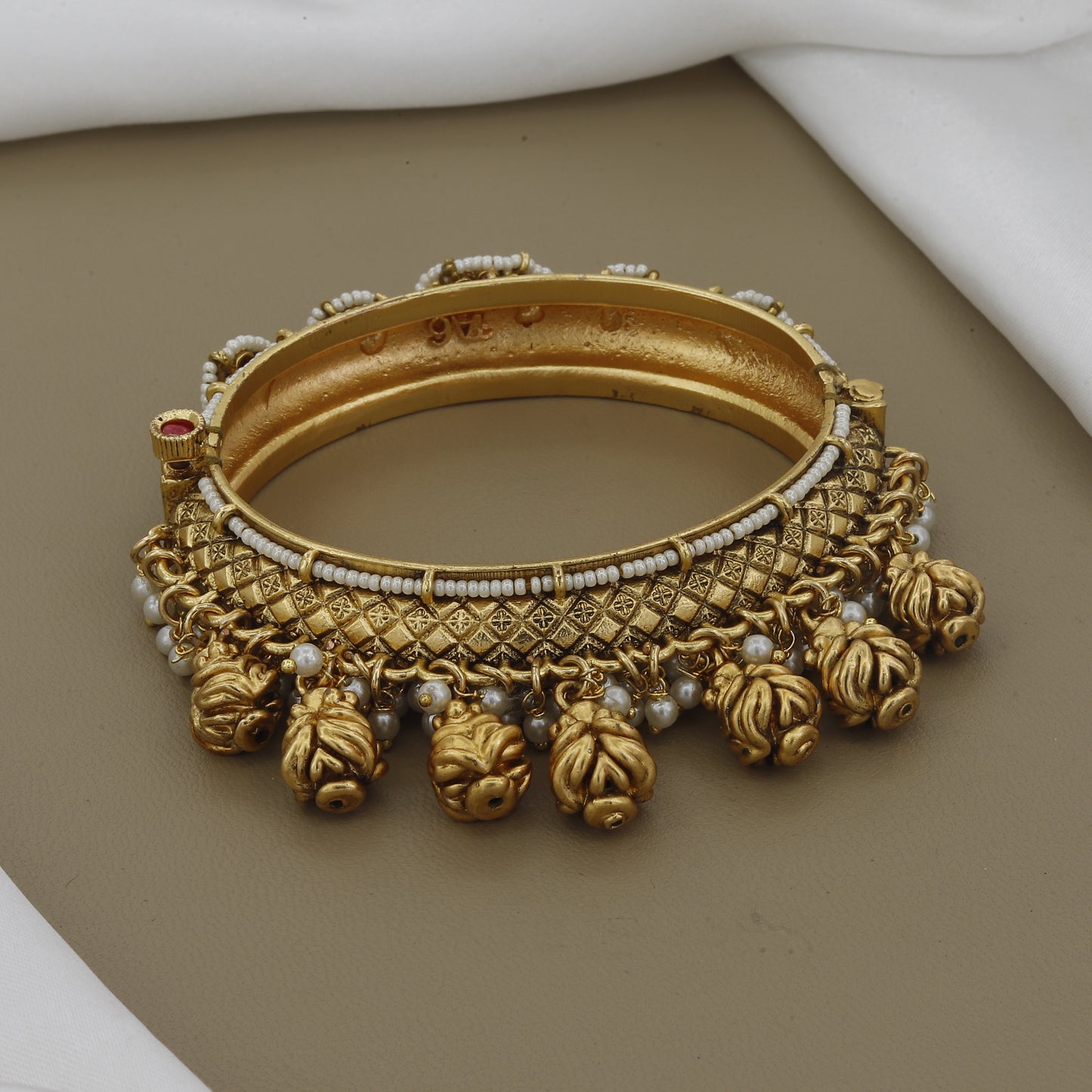 Traditional Kada Bangle with Ruby, Polki & Jhumka Drop Accents