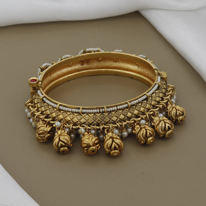 Traditional Kada Bangle with Ruby, Polki & Jhumka Drop Accents