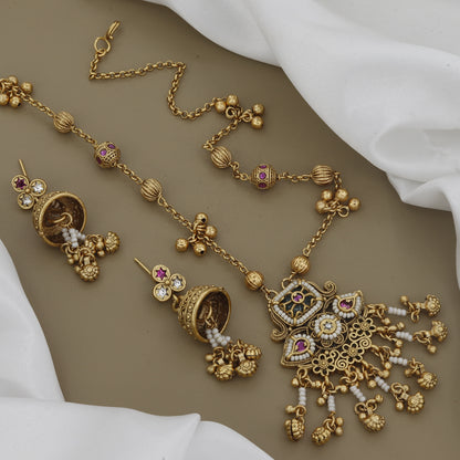 Grand Kundan Pendant Long Necklace Set with Antique Jhumkas
