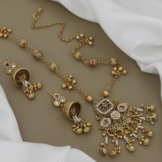 Grand Kundan Pendant Long Necklace Set with Antique Jhumkas