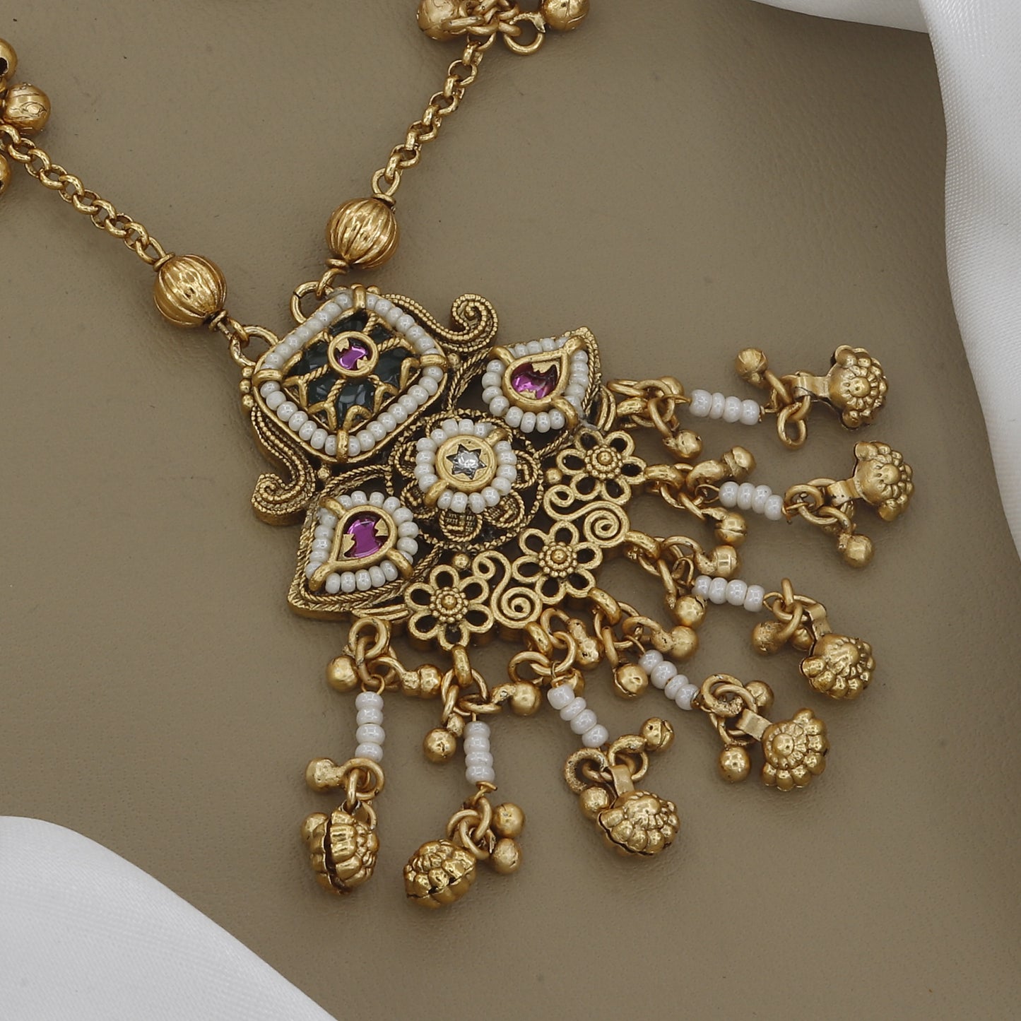 Grand Kundan Pendant Long Necklace Set with Antique Jhumkas