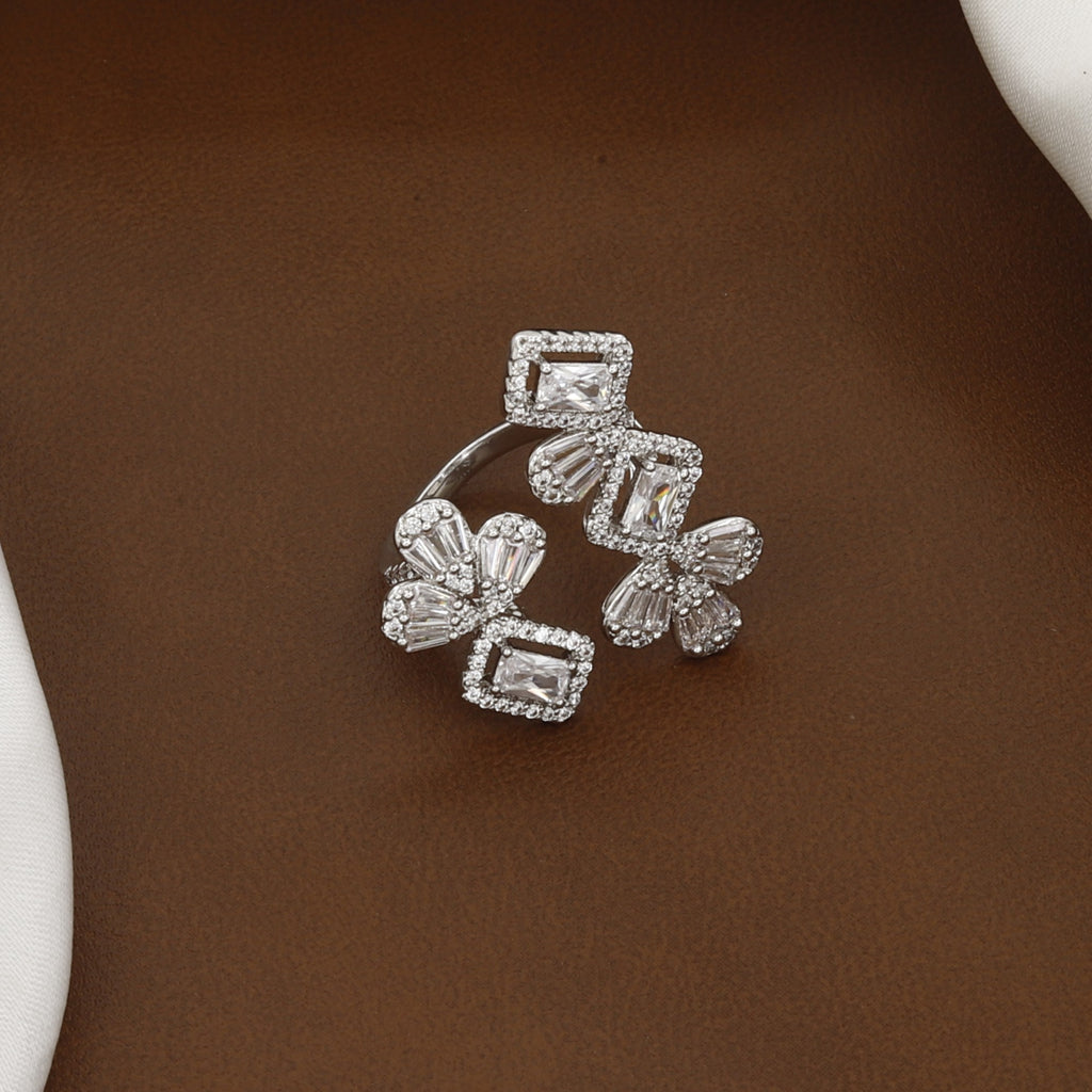 Silver Geometric Floral Statement Ring