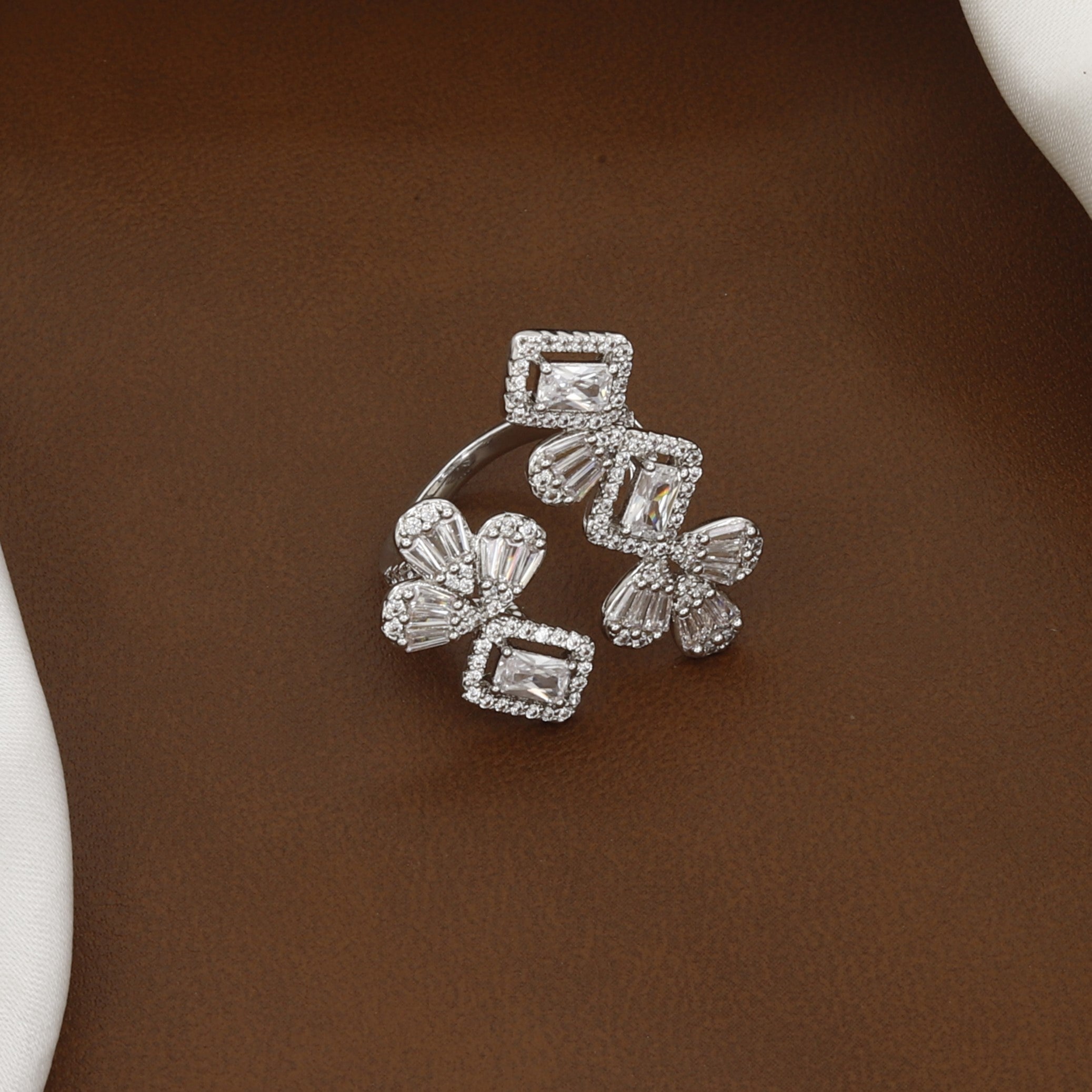 Silver Geometric Floral Statement Ring