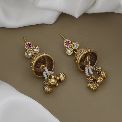 Grand Kundan Pendant Long Necklace Set with Antique Jhumkas