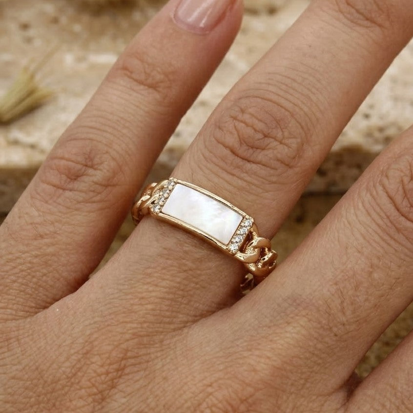 Rose Gold Curb Chain Adjustable Ring with Mother of Pearl Inlay