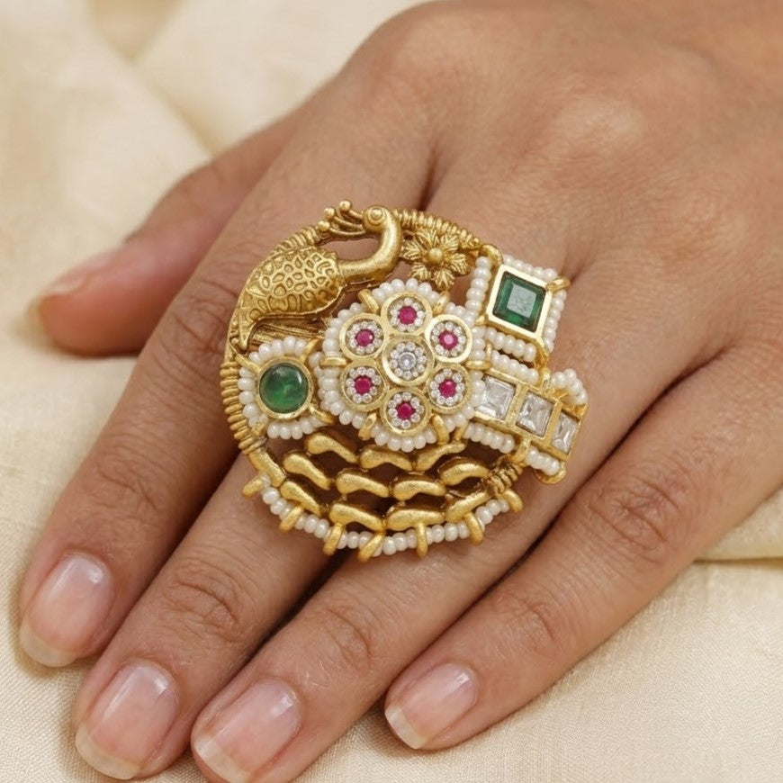 Antique Peacock Ring with Ruby, Emerald & Swarovski Diamond