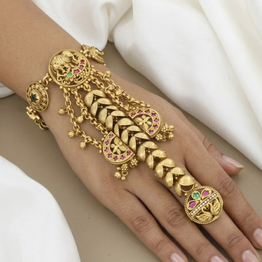 Antique Gold Finish Floral & Leaf Hathpanja with Ruby Green Stones