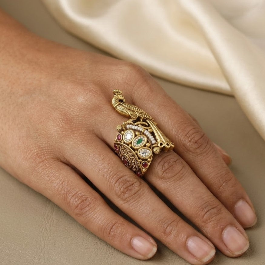Heritage Traditional Kundan Peacock Finger Free Size Ring