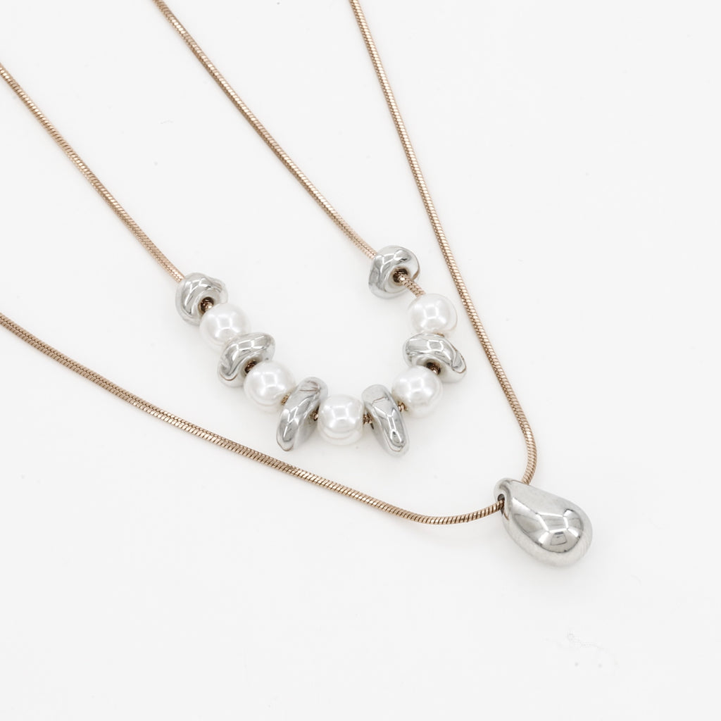 Layered Sterling Silver & Pearl Teardrop Necklace