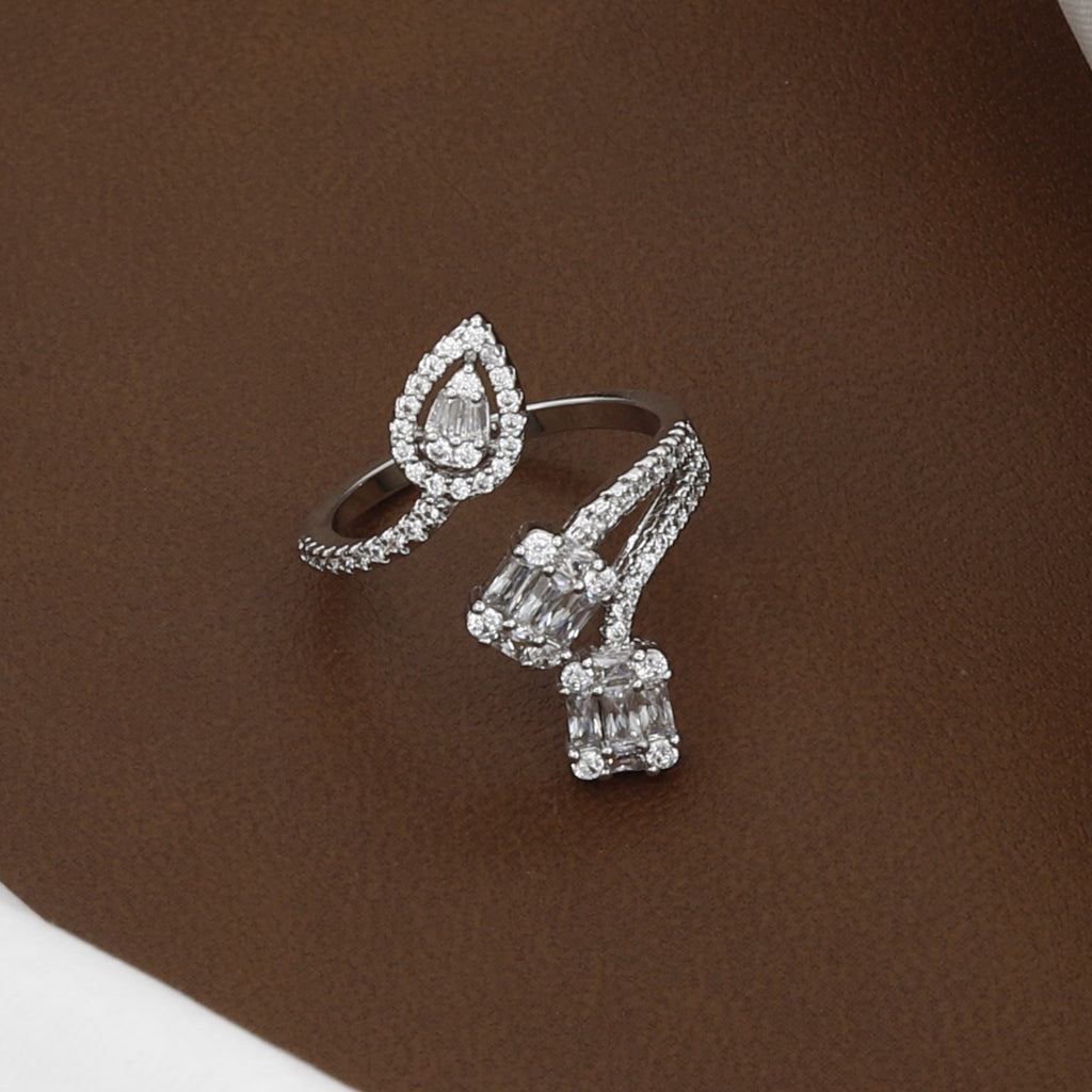 Pear & Rectangle Cuts Silver Asymmetrical Bypass Ring