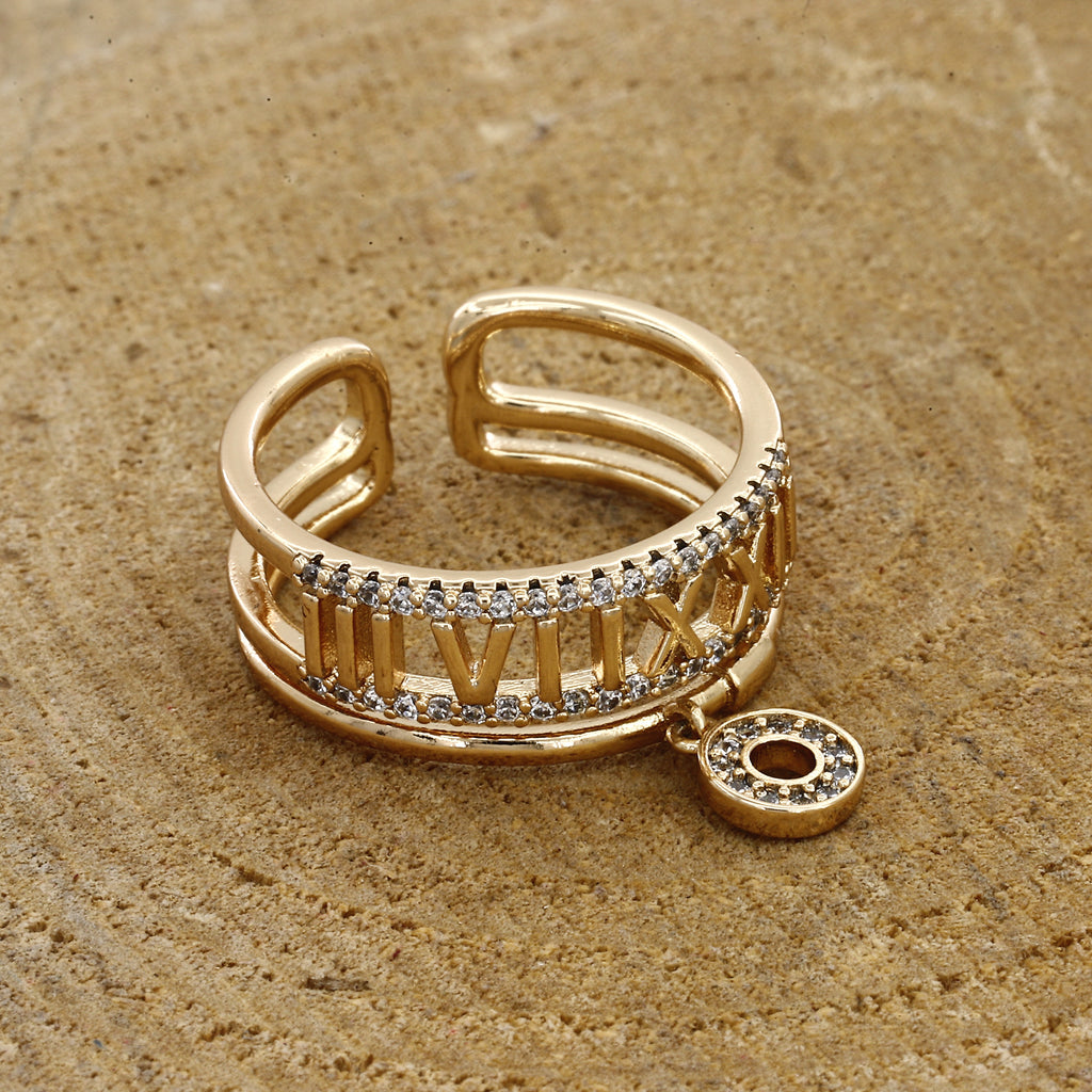 Gold Roman Numeral Dangle Ring with Sparkling Accents