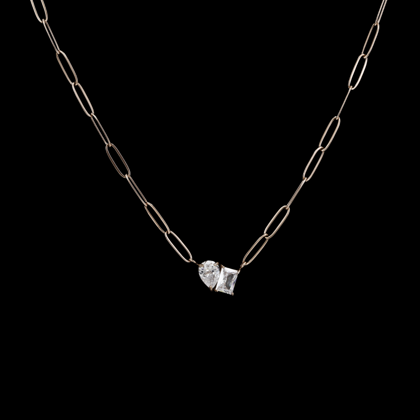 Elegant Gold Paperclip Necklace with Double Crystal Pendant