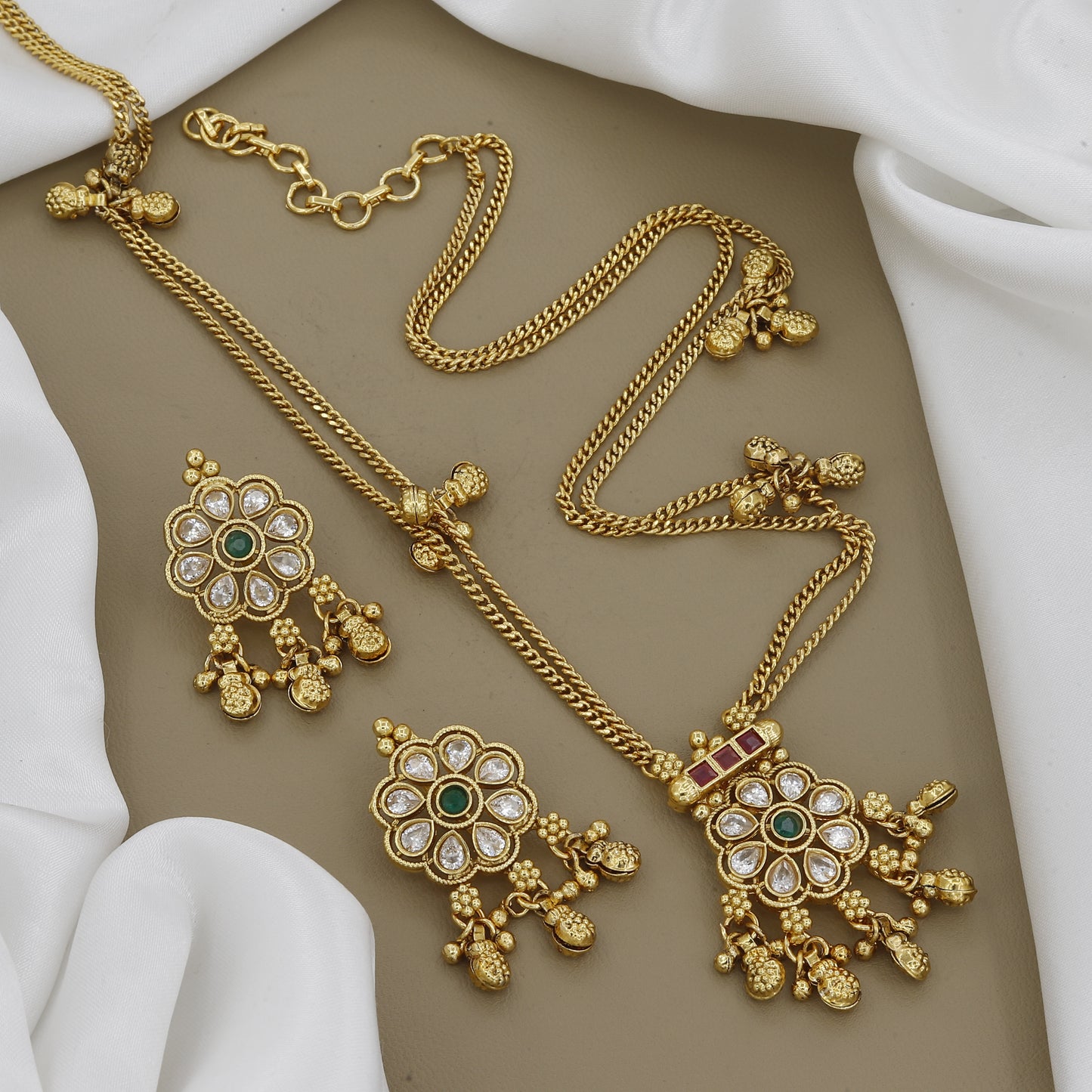 Antique Finish Floral Necklace Set with White and Green Stones (Medium)