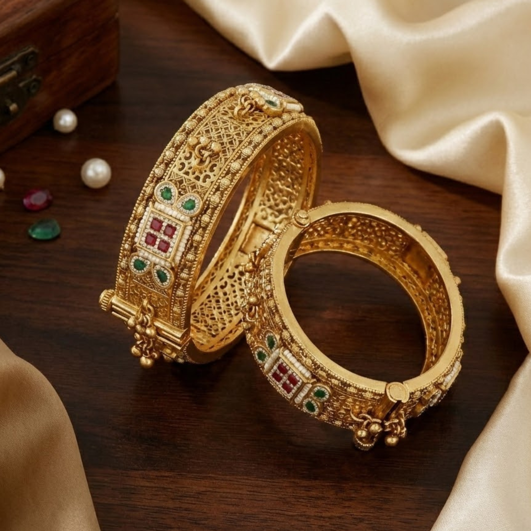 Antique Gold-Plated Kangan with Ruby, Emerald & Pearl Accents