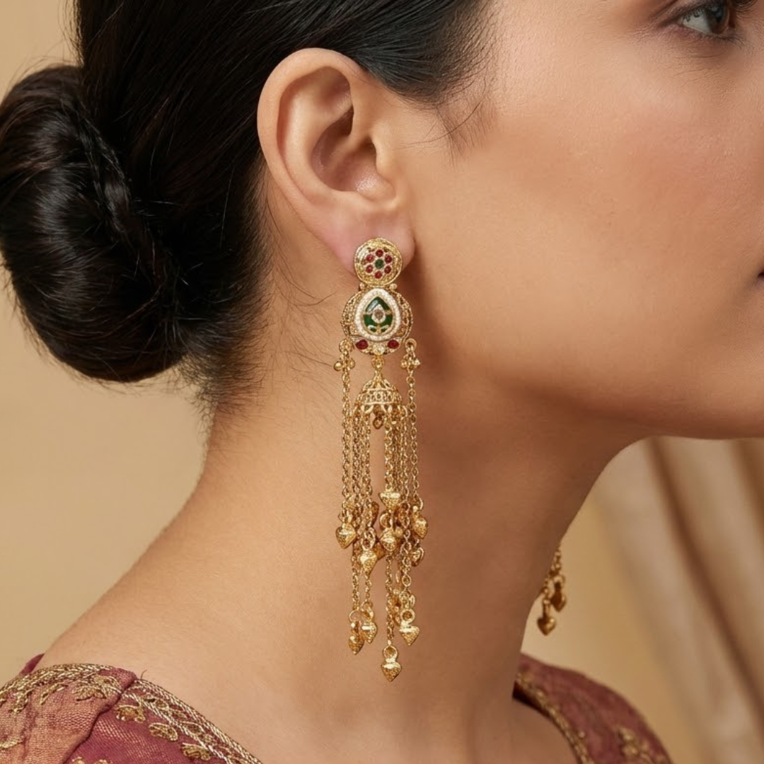 Antique Gold-Plated Long Tassel Earrings with Ruby, Emerald & Pearls