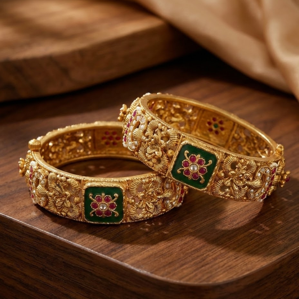 Traditional Gold-Plated Kundan Bangles with Green & Pink Stones